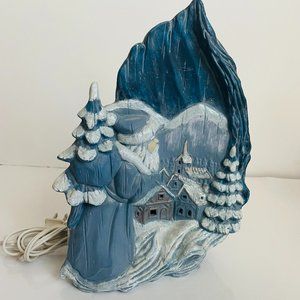 Vintage Christmas Santa Blue Snowy Scene Lighted Ceramic 10x7”